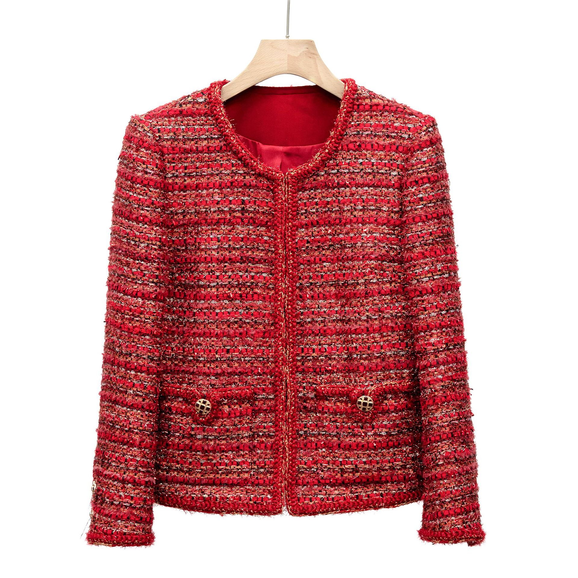 New Year's Red Short Jacket, Classic Tweed Bright Silk Dress, Korean Style Slim and Elegant Top