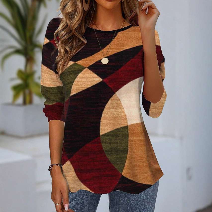 Cross-Border 2025 Amazon Aliexpress European and American New Women's Round Neck Long-Sleeved Loose Printed T-Shirt Women's Tops