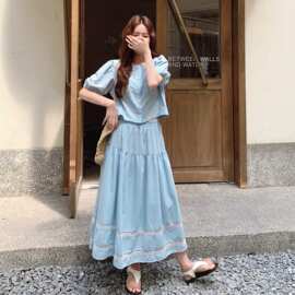 奶蓝色刺绣泡泡袖衬衫半身裙套装女2026新款夏日漂亮设计感两件套