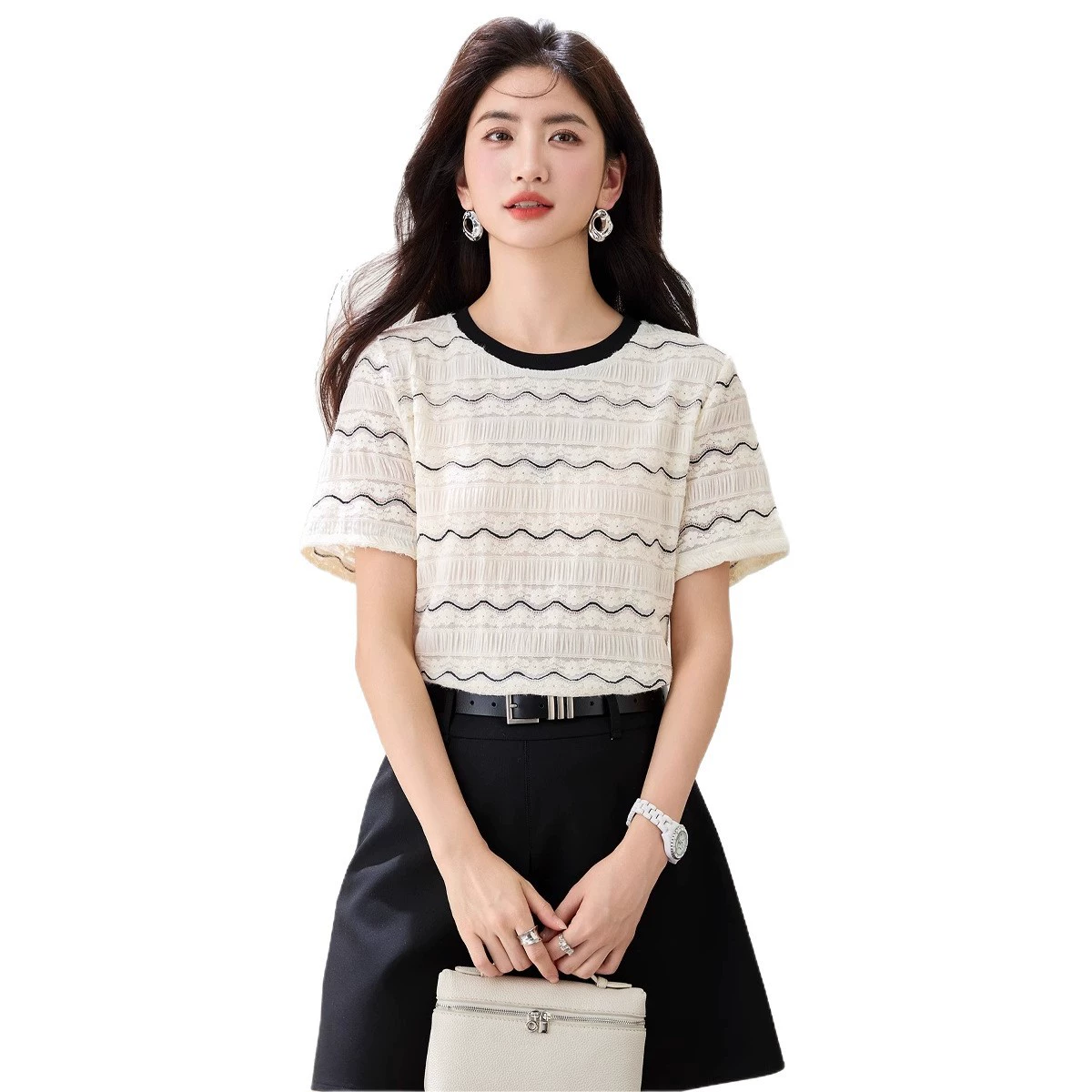 Кружевная летняя футболка, в стиле Chanel, с коротким рукавом, свободный крой