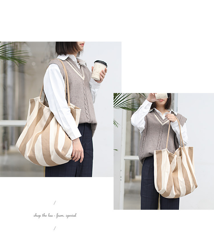 506g Weight Open Closure Type Double Shoulder Straps Strap Type Canvas Bag Bags Type Casual, Daily Occasion Canvas Material Stripe Pattern All Seasons Season Women's Gender Basic, Classic Style Style Large Size Women's Large Canvas Stripe Basic Classic Style Open Canvas Bag 1