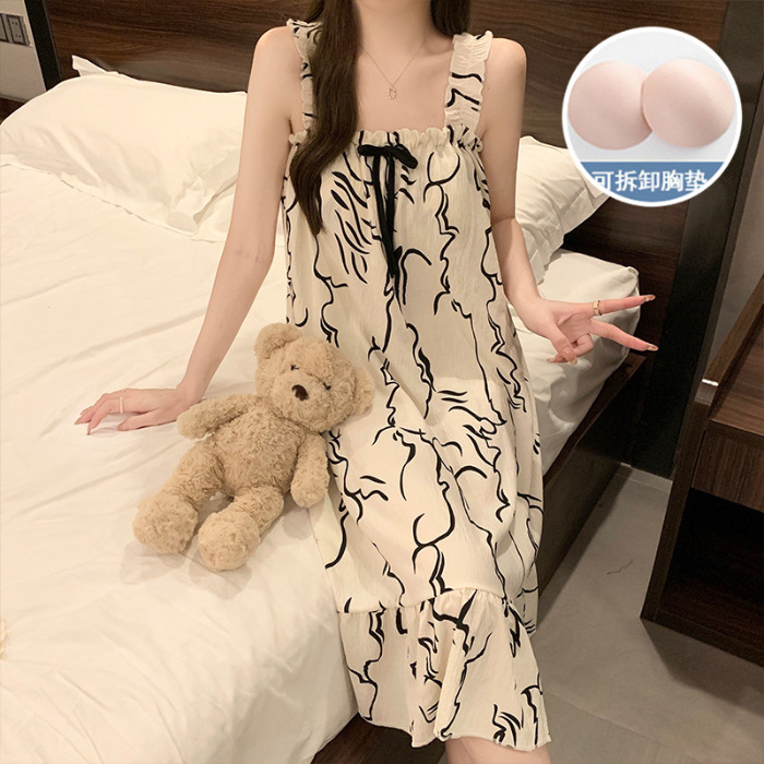 2024 transfronterizos verano esling vestido de pijama de tela de gancho de mujer cojín de pecho dulce se puede usar vestido largo ropa para el hogar