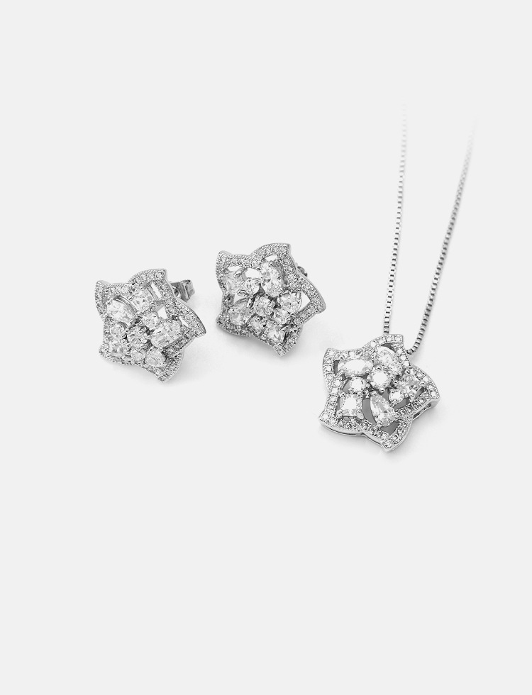 9g Weight Zircon Inlay Material Wedding, Travel Occasion Copper Material Pentagram Pattern Women'S Gender Simple Style Style White Color Fashion Five-pointed Star Pendant Earrings Necklace Set 7