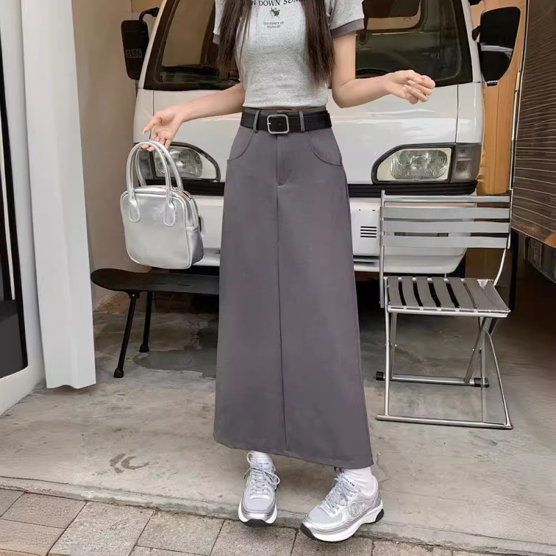 2025 春夏ハイウエスト痩身レトロスリットデザイン A ラインスカートミドル丈スカートトレンディなファットミリメートルスカート女性のための|undefined