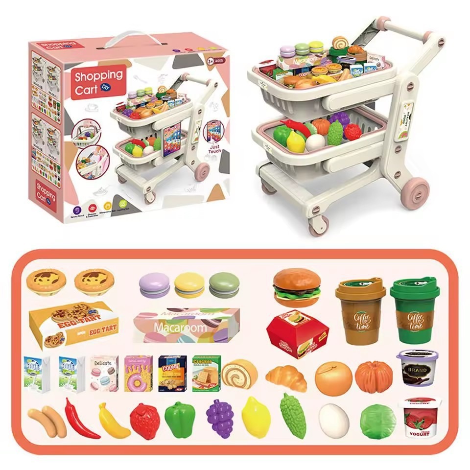 Comercio exterior infantil simulación de supermercado de doble capa de frutas y verduras carro de compras plano a través del juego de juguetes de supermercado