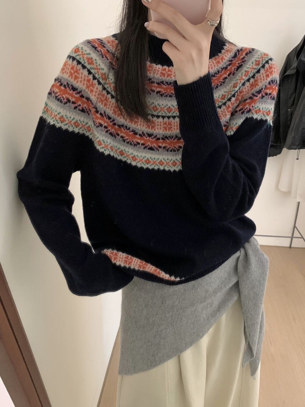 之言25秋冬女装羊毛衫韩系复古费尔岛雪花刺绣100羊毛针织衫毛衣|undefined
