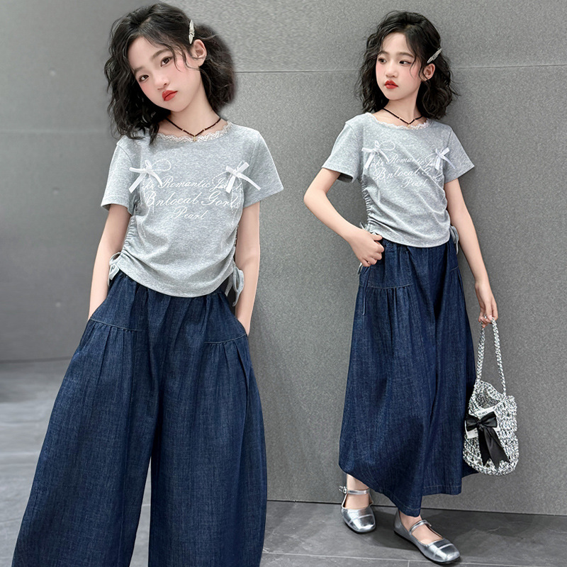 Girls' Summer Outfit 2026 New Stylish Pure Cotton Short-Sleeve T-Shirt for Children, Denim Wide-Leg Pants for Older Kids
