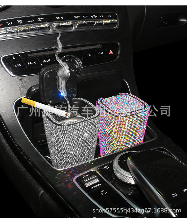 Diamond-Encrusted Car Ashtray for Women, Creative and Personalized Hot Diamond Flame-Retardant Covered Multi-Functional Crystal Popular Car Ashtray