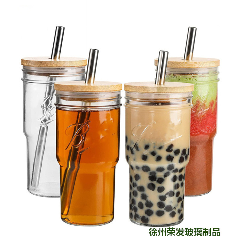 跨境亚马逊竹盖饮料玻璃水杯吸管杯网红家用奶茶杯22oz盎司玻璃瓶|undefined