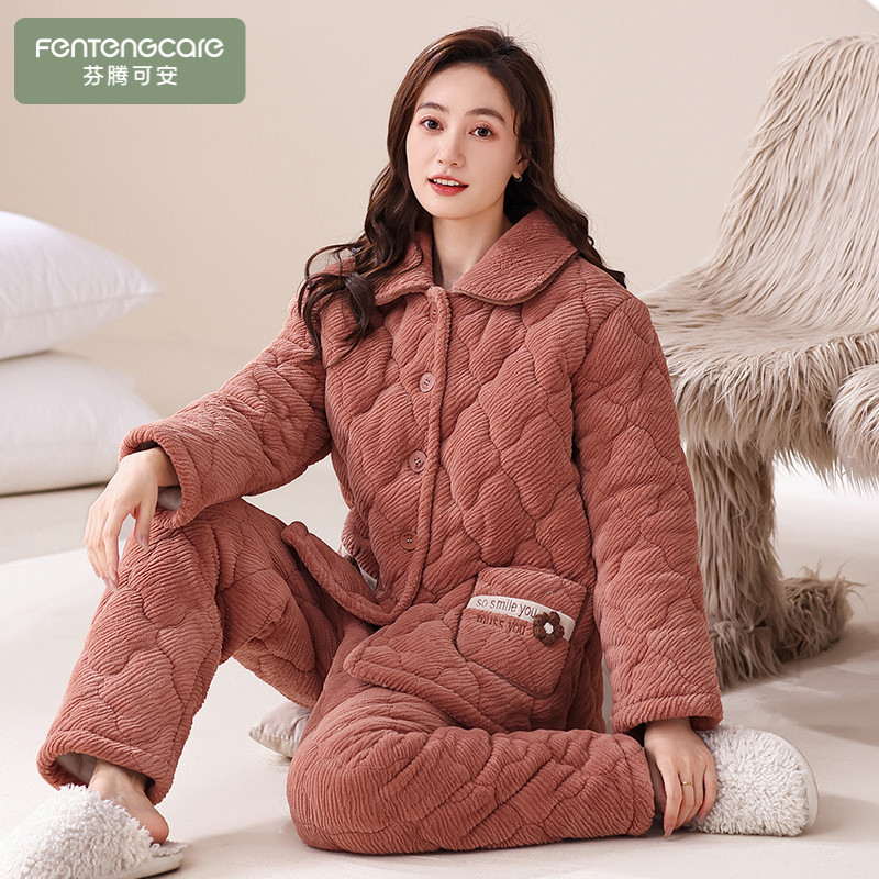 芬腾可安睡衣女款冬季珊瑚绒加厚加绒三层夹棉冬天保暖大码家居服