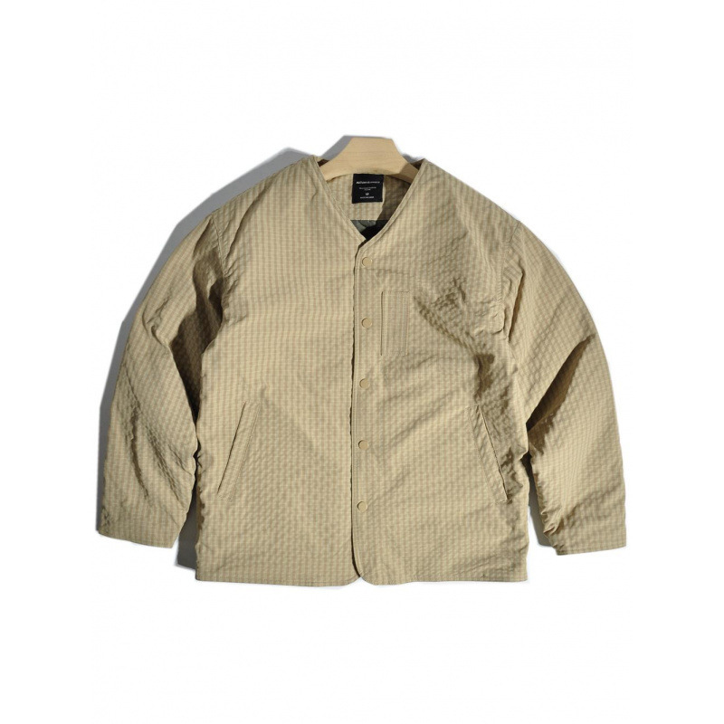 Japanese Retro Plaid Collarless Layered Quilted Cotton Jacket Loose Casual Warm Cotton Coat for Men