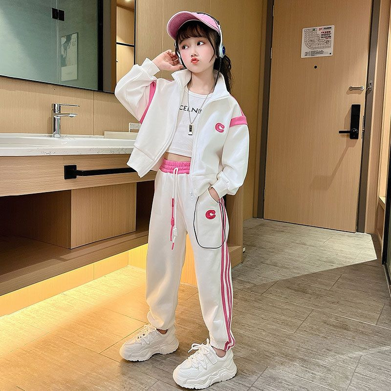 Girls' Auumn Baseball Sui Se 2023 New Mid o Big Kids Fashion Long Sleeve Coa Sraigh Tube Pans Two Piece_voghion.com