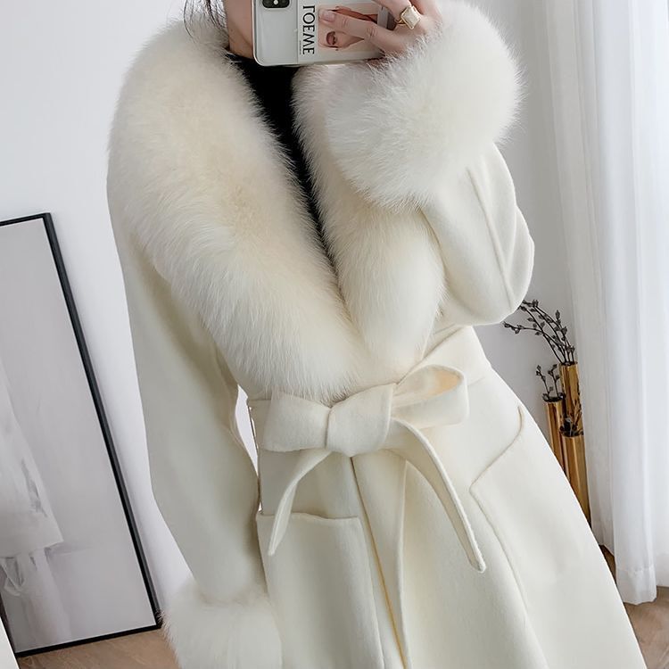 Cashmere Wool Coat 2023 Autumn and Winter Fox Fur Collar Dress Coat for Women, Elegant and Trendy