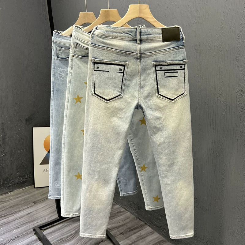 Design брюки, весна лето эластичные джинсы, тренд сезона, американский стиль, slim fit