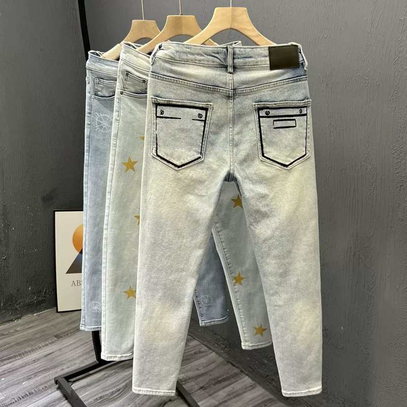 Design брюки, весна лето эластичные джинсы, тренд сезона, американский стиль, slim fit