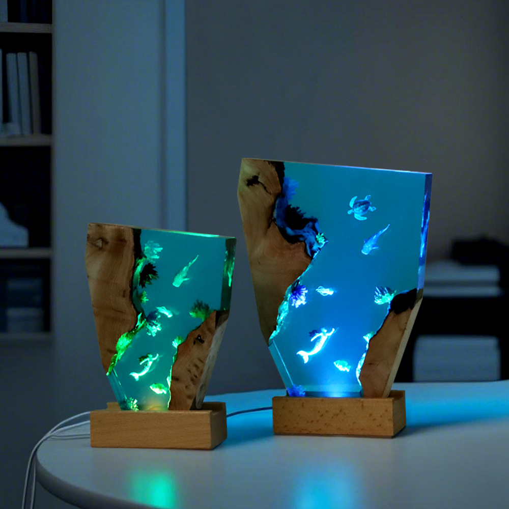 Mermaid and Jellyfish Ocean Micro Landscape Resin Night Light Epoxy and Wooden Ornaments Creative Gift