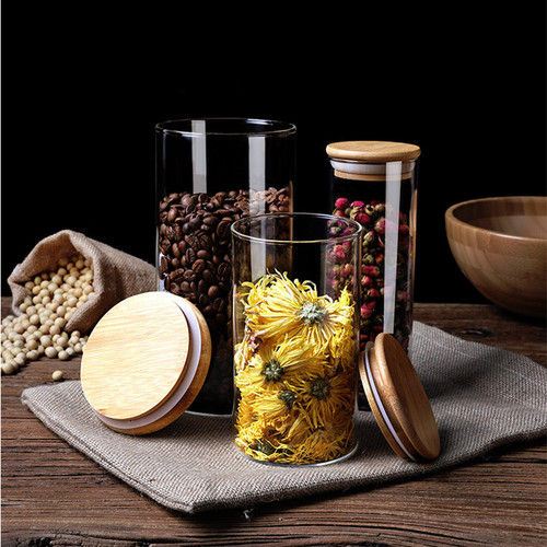 Wholesale Borosilicate Glass Sealed Containers with Bamboo Lids Tea Glass Cans in Multiple Sizes Storage Containers Candy Jars