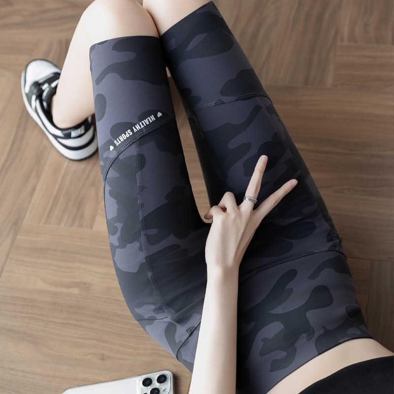 Camouflage Five-Pocket Double-Sided Pocket Shark Pants for Women, Summer Thin High-Waisted Yoga Fitness Sports Leggings Shorts