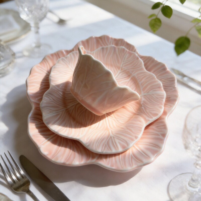 Pink cabbage bowl, cabbage plate, ceramic plate set, creative tableware with leaf vein embossed underglaze color, cross-border