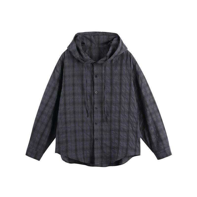 Hooded Plaid Long-sleeved Shirt Men's and Women's Loose Shirt Sunscreen Coat American Vintage Thin Breathable Button Cardigan