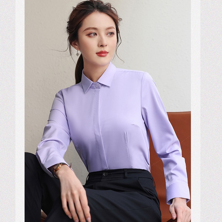 2023春秋免烫女士长袖方领紫色衬衫纯色商务职业装现货批发