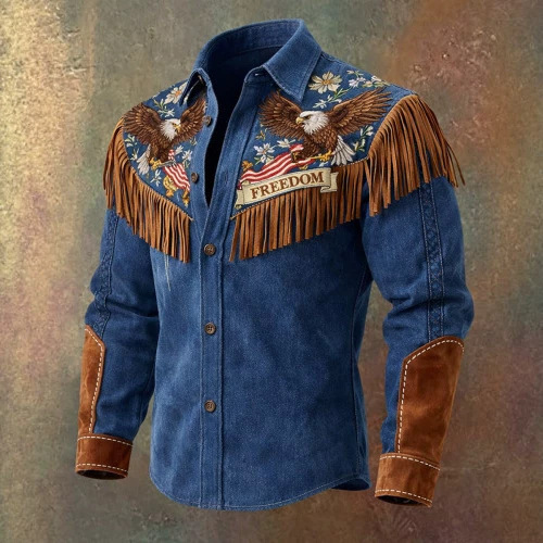 Western-Style Faux Denim Fringe Shirt for Men, Vintage Slim-Fit Long-Sleeve Jacket, Trendy Men's Outerwear for Export Western-Style Faux Denim Fringe Shirt for Men, Vintage Slim-Fit Long-Sleeve Jacket, Trendy Men's Outerwear for Export
