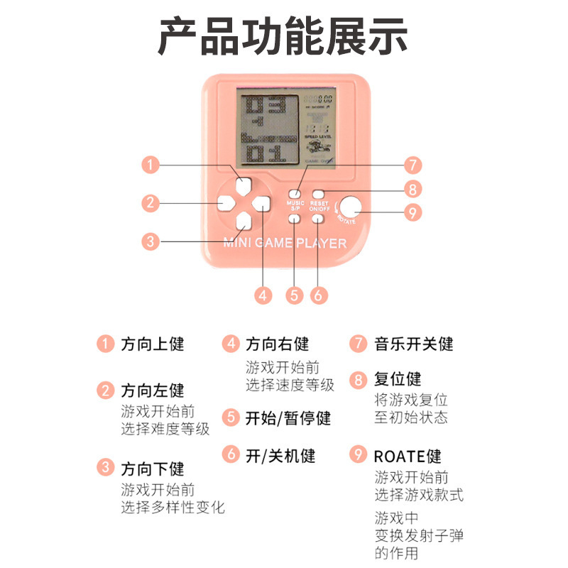 국경 간 미니 테트리스 휴대용 게임 기계 키 체인 클래식 향수 어린이 장난감 작은 선물 도매