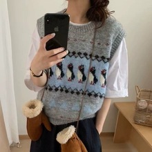 费尔岛卡通企鹅圆领针织马甲女2025秋冬新款时尚百搭叠穿无袖毛衣