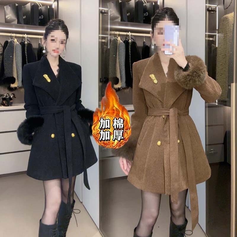 Winter New Style Elegant Ladylike Coat for Women with a Large Lapel Design, Waist-Cinching Woolen Coat with Added Cotton and Thickened Lining