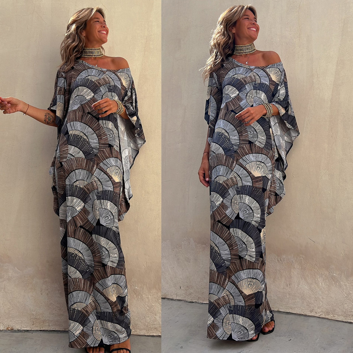 Women's Regular Dress Casual U Neck Patchwork Pleated 3/4 Length Sleeve Printing Maxi Long Dress Daily display picture 1