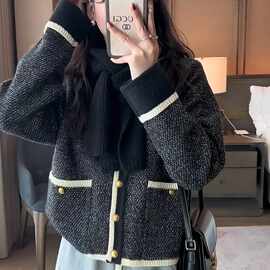 跨境设计感小香风针织开衫女秋冬季新款圆领宽松撞色长袖毛衣外套