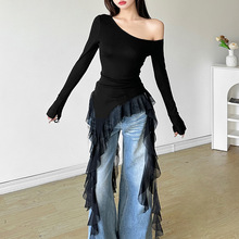 2024欧美风跨境秋季新款女装纯色修身显瘦街头时尚斜领长袖上衣女