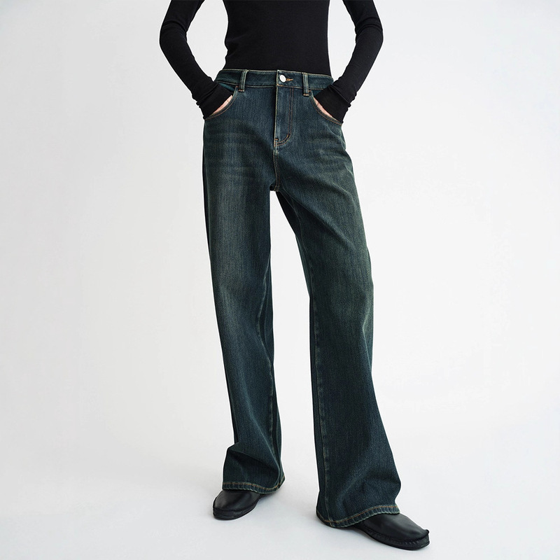 Th～Row Versatile Retro Casual Pants Stone-Washed Stretch Thickened Fleece Straight-Leg Wide-Leg Jeans