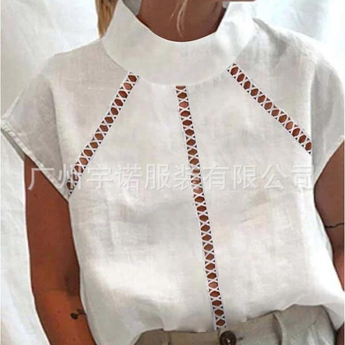 2022 Amazon europeo y americano nuevo deseo popular moda diseño hueco algodón y lino encaje manga corta Camisa de las mujeres