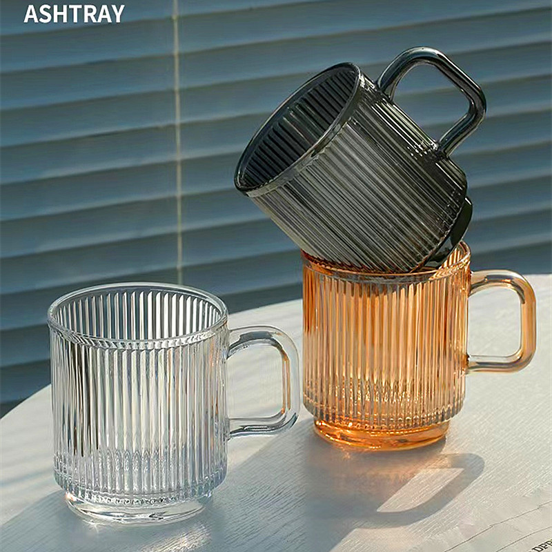 Striped glass cup with handle simple drinking cup ins style mug household high-looking milk cup coffee cup