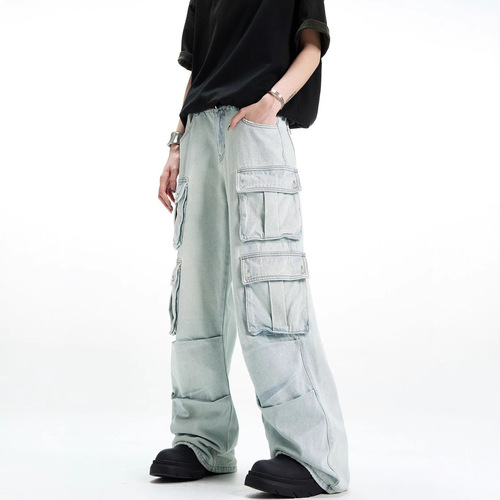 American Retro Multi-Pocket Washed Straight Leg Workwear Jeans for Men and Women Street Wide Leg Casual Pants Trend Brand