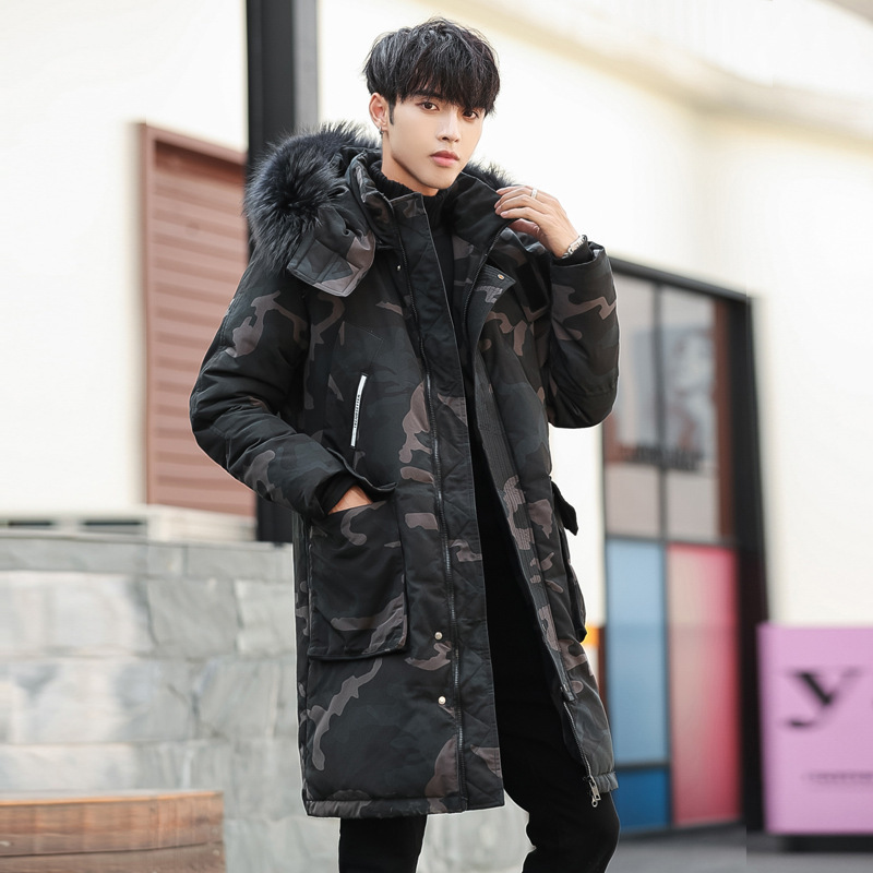 Winter long down jacket trendy thickened mid-length outdoor youth camouflage casual loose coat men's thickened