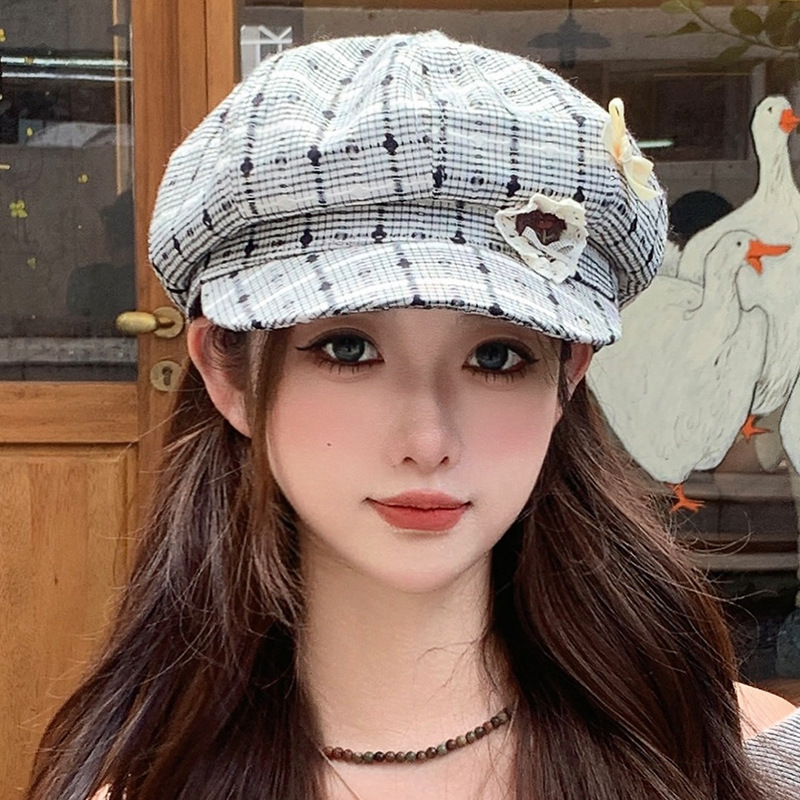 韩版秋季爱心蕾丝蝴蝶结格子贝雷帽子女甜美文艺百搭高级感画家帽|undefined