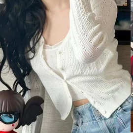 林允同款夏季镂空冰丝针织开衫外套bm薄款空调针织防晒衣单排扣潮