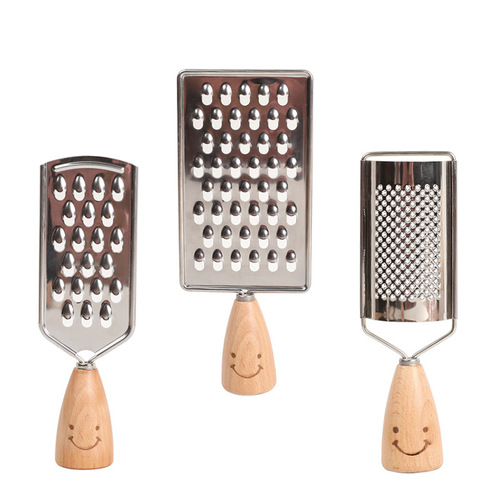 Wooden handle smiley face grater with engraved LOGO household cucumber radish stainless steel grater potato shredder