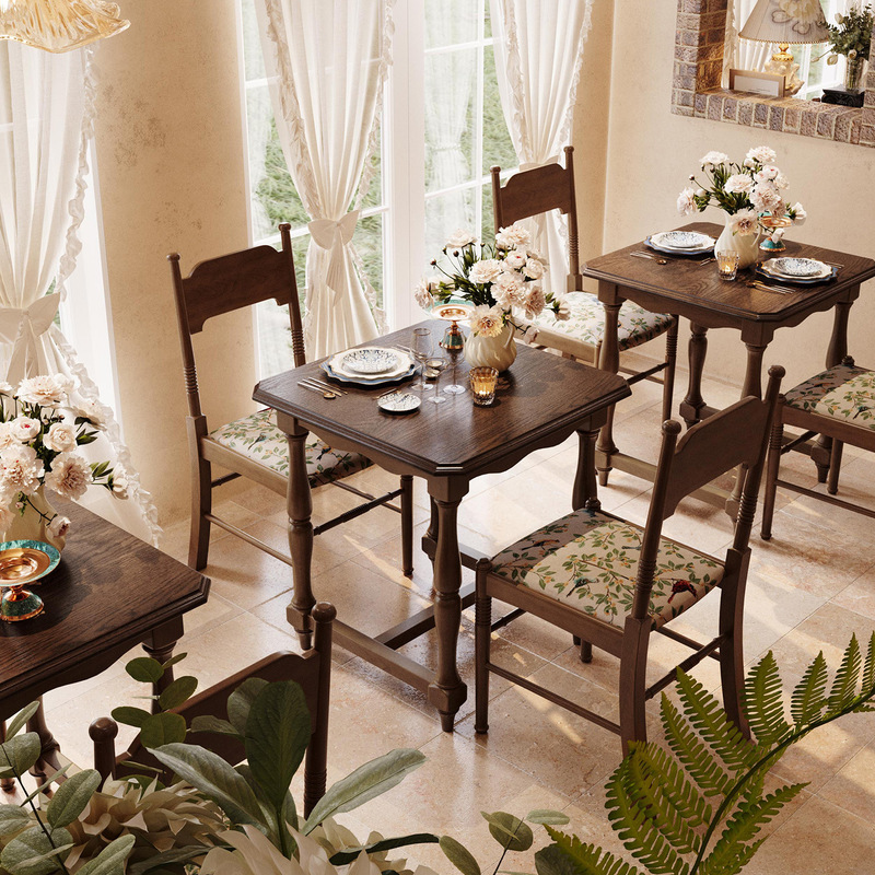 Solid wood vintage-style commercial dining table and chair set for restaurants, American-style fusion Western restaurant and coffee shop furniture Solid wood vintage-style commercial dining table and chair set for restaurants, American-style fusion Western restaurant and coffee shop furniture