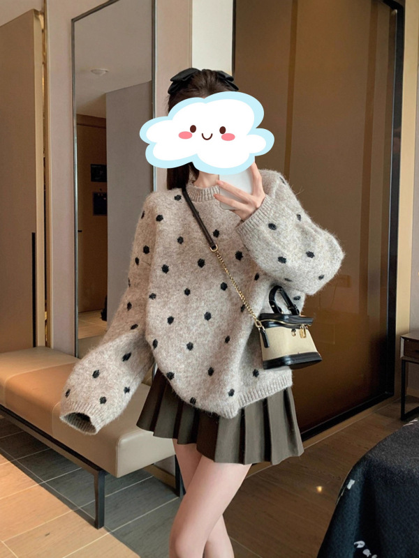秋冬新款韩系慵懒风套头圆领毛衣女宽松百搭波点文艺针织上衣外穿|undefined