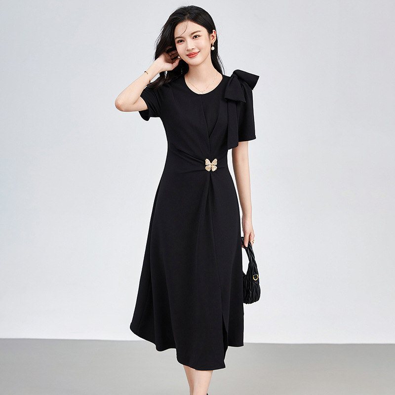 Đầm suông nữ midi mùa hè tay ngắn cổ tròn — 2423302 - Đen chi tiết 4