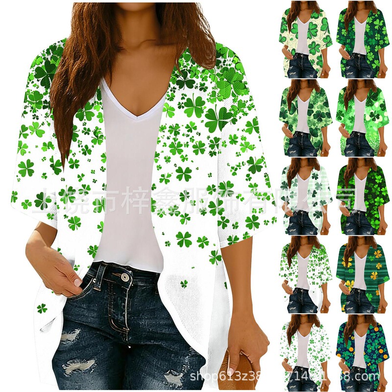 Women's St. Patrick's Day Printed Cardigan Beach Cover-Up Spring and Summer Fashion Casual Top with 3/4 Sleeves