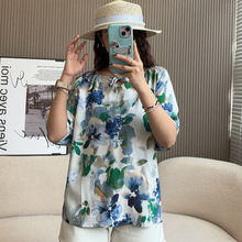 绵绸短袖T恤女夏季妈妈装休闲人造棉印花上衣夏季新款时尚圆领