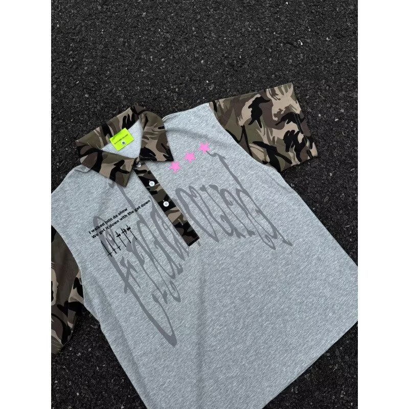 Men's Clothing Men's Hip Hop Camouflage Patchwork Collared Short Sleeve T-Shirt Trendy Streetwear Loose Fit Casual Five Quarter Sleeve For Couples_viptrois.com
