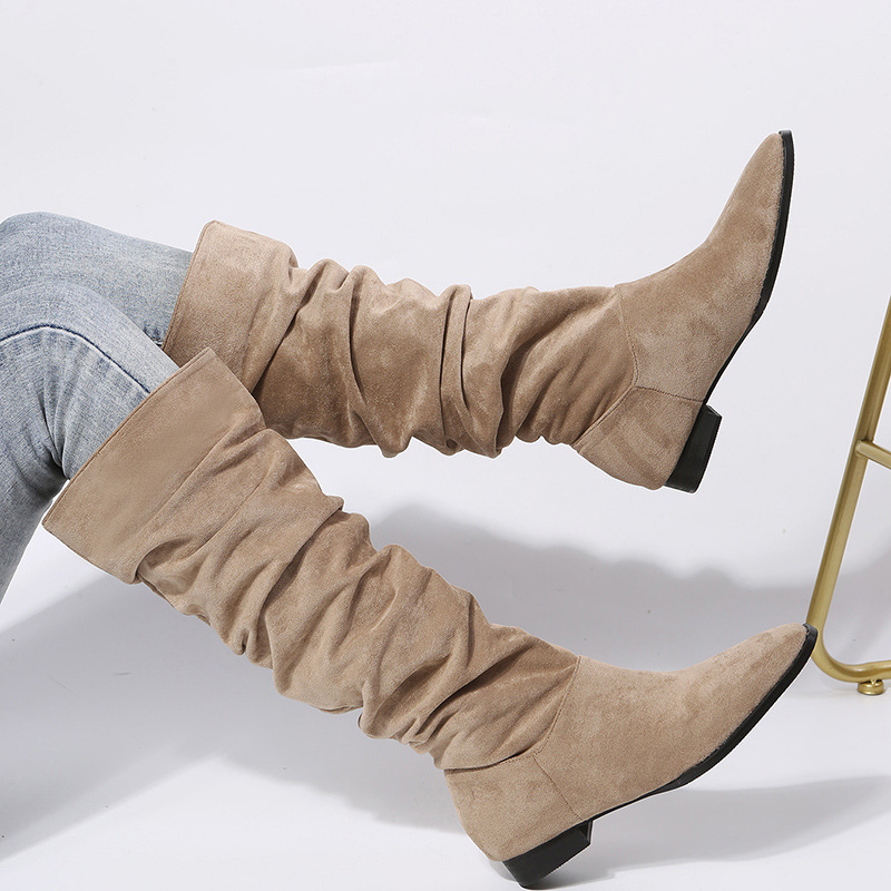 Damenschuhe Große Größe Mittellange Damen Lederstiefel Herbst und Winter Neue flache Sohle Spitzschuh Mode_voghion.com