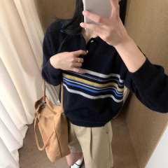 慵懒风撞色条纹polo领套头女式毛衣2025年秋冬新款宽松套头针织衫