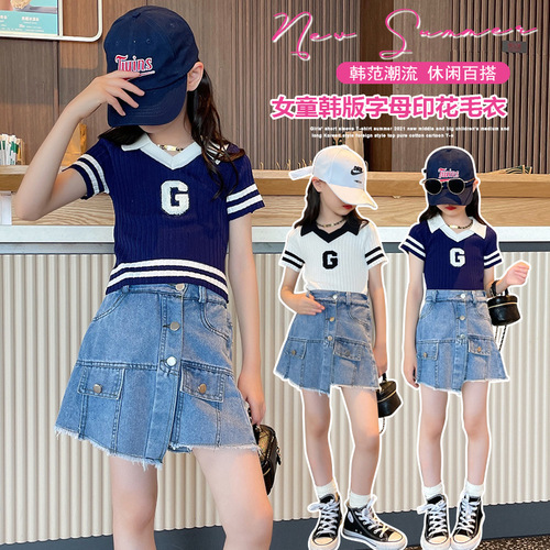 Girls summer suit  new children's suit summer letter POLO short-sleeved t-denim skirt pants two-piece set