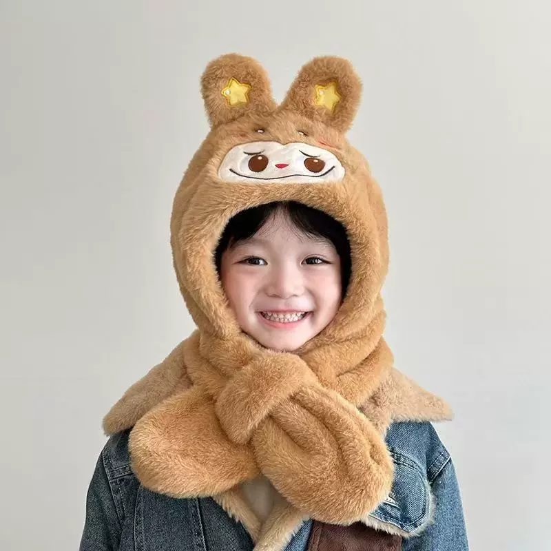 两件套围脖防寒帽女童兔子拉布布儿童帽毛绒帽秋冬新款加厚保暖帽